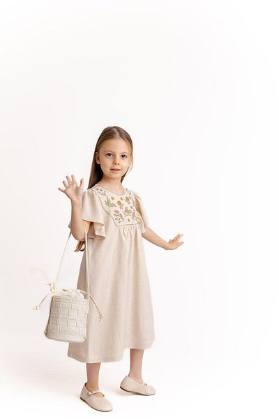 Oliven The Kid Rochie de fetiță din in brodat - Robe naturală