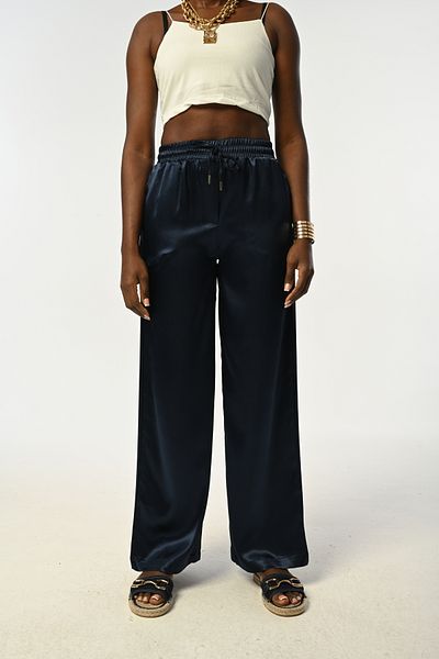 Orfeo Negro Women's Elastic Waist Loose Leg Navy Blue Color Solid Satin Pants