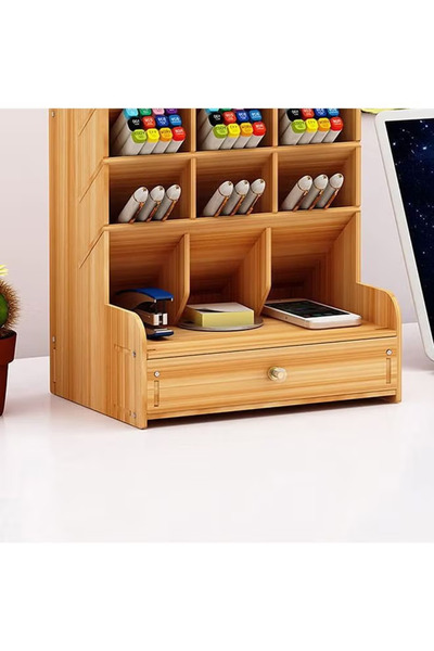 COOYA Wooden Pen Holder Storage Box Brown, with Holes and Drawers, for Stationery in Office and at Home
