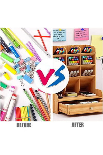 COOYA Wooden Pen Holder Storage Box Brown, with Holes and Drawers, for Stationery in Office and at Home