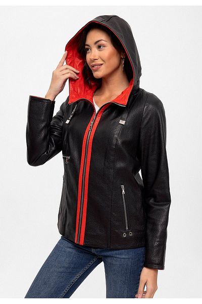 Deriderim Black Marc Zippered Wide Cut Women's Genuine Leather Coat