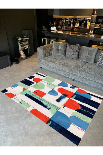 Rugs Modern Halı Seda Collection Green Red Blue Abstract Patterned Woven Base...