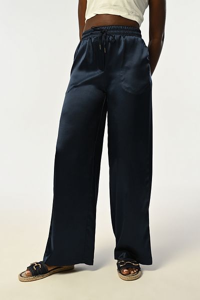 Orfeo Negro Women's Elastic Waist Loose Leg Navy Blue Color Solid Satin Pants