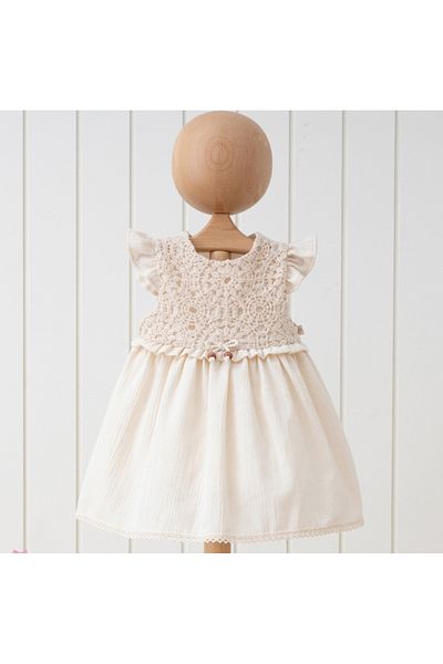 Mymio Girl's Lace Detailed Dress - Lace Detailed Length Lined Short Sleeve Dress