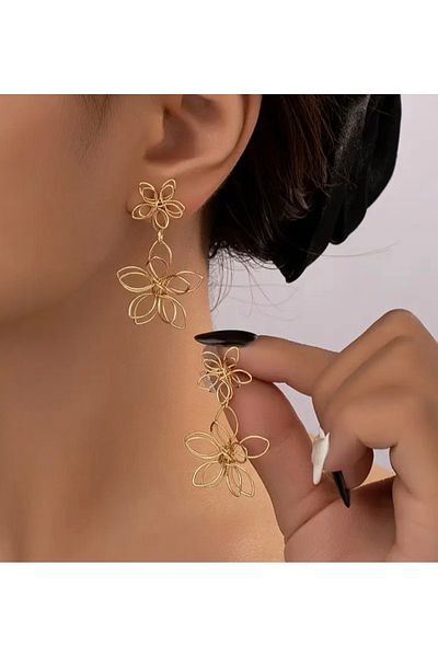 ER TAKI Gold Colored Flower Design Stylish Engagement Henna Wedding Evening Dress Earrings