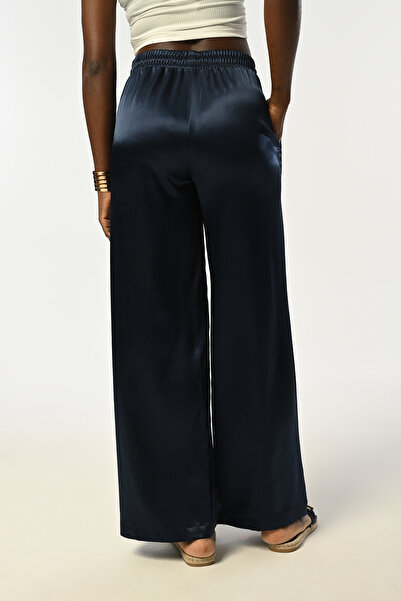Orfeo Negro Women's Elastic Waist Loose Leg Navy Blue Color Solid Satin Pants