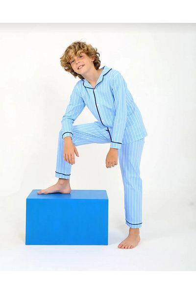 Elidabutik Set de pijamale pentru băiat, 100% bumbac, cu dungi albastre