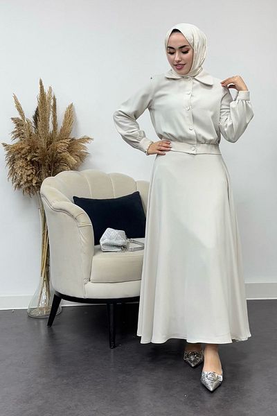 Tesettür Diyarı Women's Crepe Fabric Stone Buttoned Flared Skirt Suit