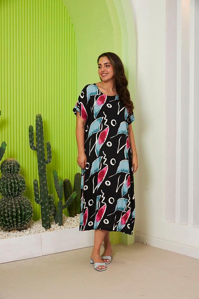RMG Plus Size Patterned Casual Fuchsia Dress
