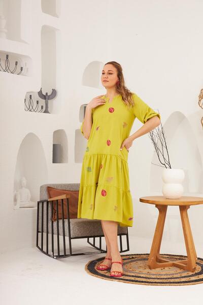 RMG Yaka Ve Nakış Detaylı Büyük Beden Elbise Olive