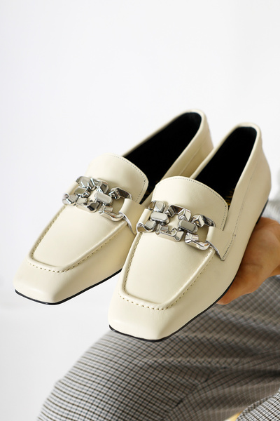 Limoya Asmin Genuine Leather Beige Buckle Detailed Blunt Toe Casual Women's Shoes