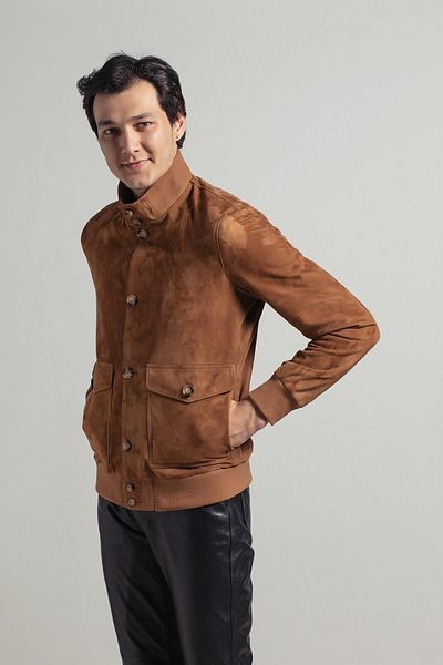 Deriderim Camel Knox Men's Buttoned Lined Waist and Sleeve Knitwear College Genuine Suede Coat