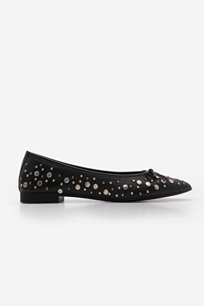 Marjin Black Pointed Toe Studded Bow Casual Ballerinas
