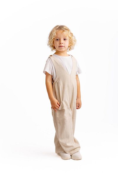 Oliven The Kid Unisex V-Neck Elastic Leg Linen Salopet Natural