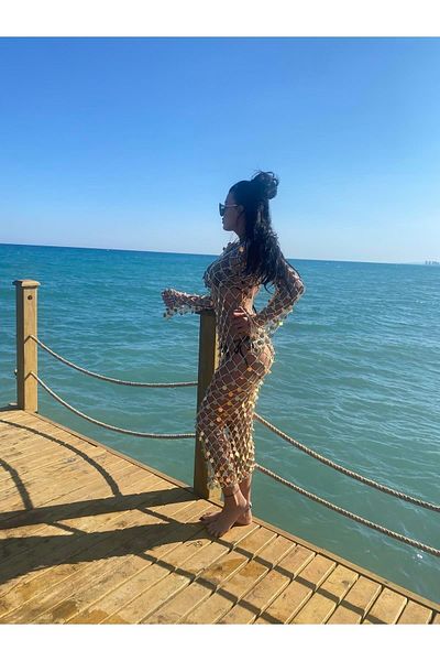 Zey Desing Long Sleeve Gold Sequin Pareo Dress