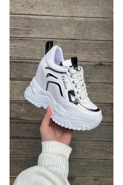 Afilli Pantofi de damă, alb, strălucitor, cu talpă înaltă ascunsă, cu platformă cu pană, cu toc, pantofi sport casual