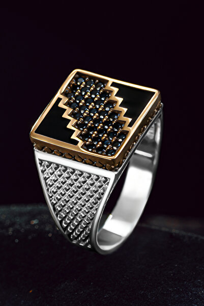 OSMANLI GÜMÜŞ Erkek Gümüş Yüzük - Siyah Zirkon Taşlı Kare Model İşlemeli Erke...