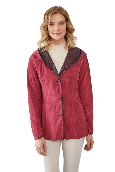 Deriderim Claret Red Jena Women's Fixed Hooded Buttoned Unlined Leather Inside Double Sided Genuine Suede Coat