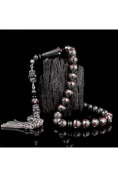 Tesbihsepetim 10.mm Silver Processing Red White Enamel Master Handcrafted Kuka Rosary