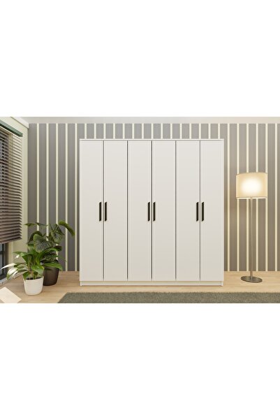 Vivense FAVORİTE AYNASIZ GARDIROP, 6 KAPAKLI, BEYAZ SİYAH KULPLU,GM 089