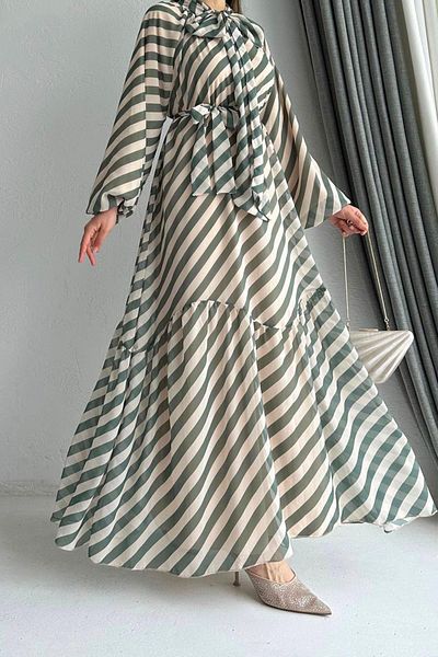 MELEK ARAZ Rochie din șifon cu dungi Ahu verde