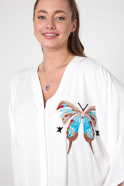 Denismoda Women's V Neck Butterfly Embroidery Detail Buttoned Plus Size Shirt Dress
