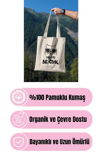 qoeuyl boutique Meow Be Cool Cute Fun Cat Printed 100% Cotton Raw Cloth Beige Bag