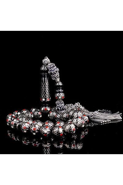 Tesbihsepetim 10.mm Silver Processing Red White Enamel Master Handcrafted Kuka Rosary