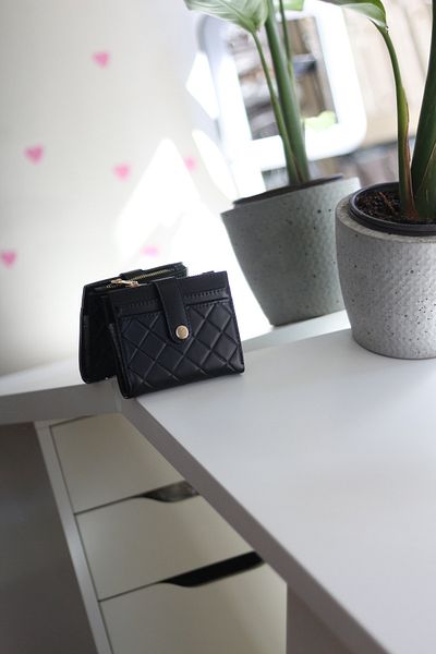 Moom Bag Γυναικείο πορτοφόλι με μαύρο τετράγωνο διαμάντι με σχέδιο μίνι κάρτας