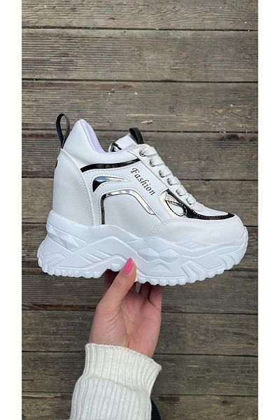 Afilli Pantofi de damă, alb, strălucitor, cu talpă înaltă ascunsă, cu platformă cu pană, cu toc, pantofi sport casual