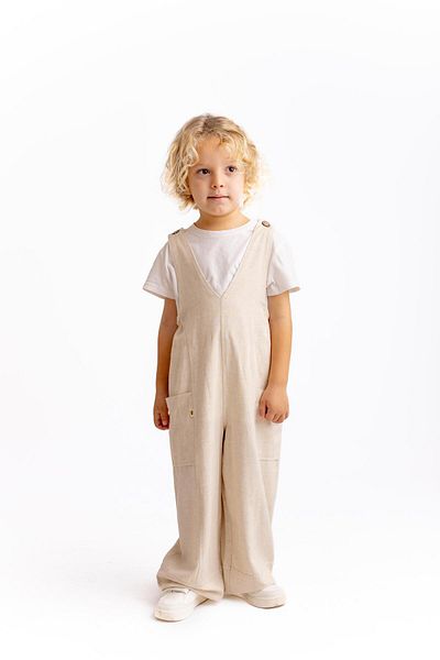 Oliven The Kid Unisex V-Neck Elastic Leg Linen Salopet Natural
