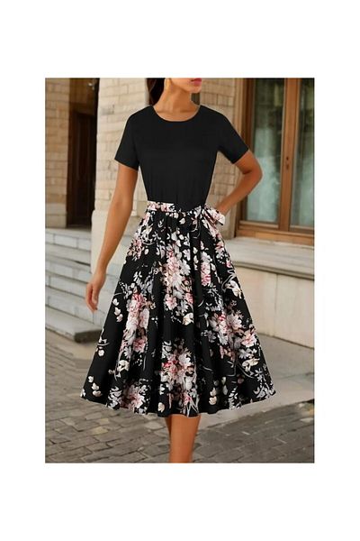 JANES Women's Short Sleeve Crew Neck Floral Print Top Viscose Bottom Single Jersey Short Dress