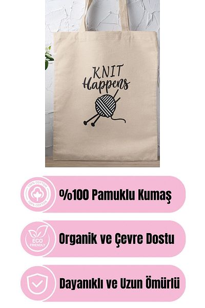 qoeuyl boutique Knit Hapens Knitted Mother Gift Printed 100% Cotton Raw Cloth Beige Bag
