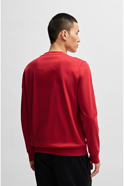BOSS Erkek Normal Kesim Yuvarlak Yaka %100 Pamuklu Büyük BOSS Kabartmalı Uzun Kollu Kırmızı Sweatshirt 50