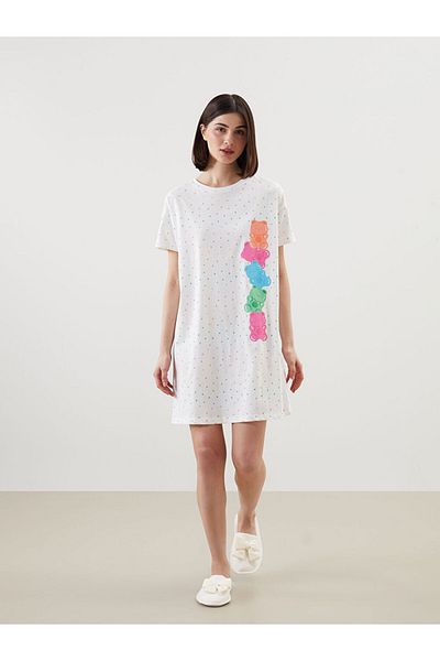 LC Waikiki Lcw Young Ecru Crew Neck Polka Dot Women's Nightgown