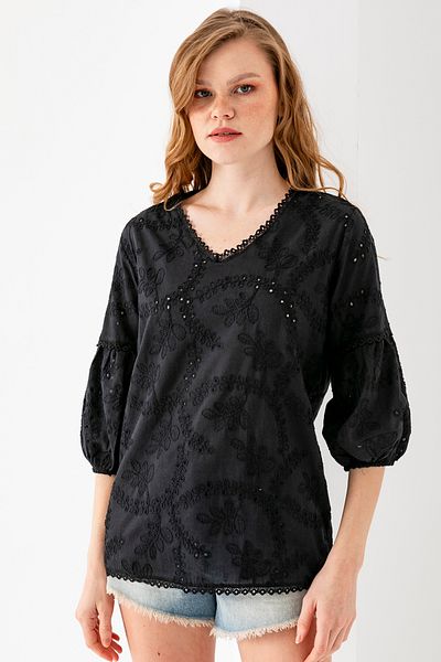 EtkiModa Γυναικεία μπλούζα με μαύρο μπαλόνι με κέντημα Brodelli