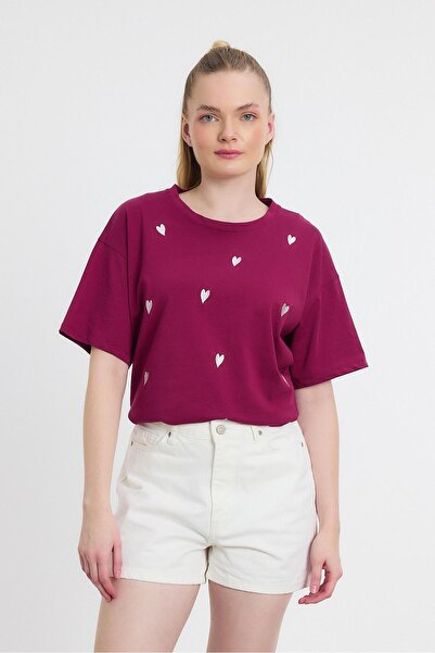 Rays 2150-11 Kalp Nakışlı Bisiklet Yaka Tişört Bordo