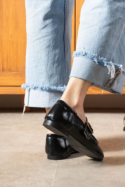 BeBeQ Store Sammy Black Shiny Buckle Flat Women's Shoes Ballerinas