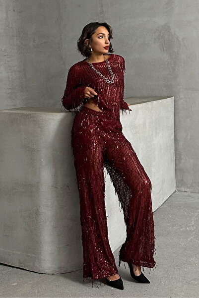VERYMODA Sequin Tulle Evening Dress Pants - Burgundy |   F1611