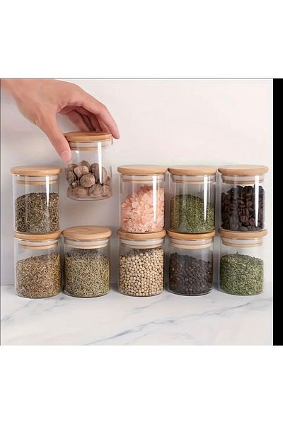 Kitchen Pembelia 10 Pieces Bamboo Lid Borosilicate Glass 250 ml Spice Jar Set