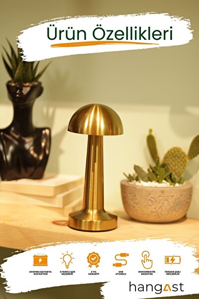 HANGAST Hl-009g Dekoratif Metal Gold Mantar Kablosuz Masa Lambası Ledli 5v 3 Renk Işık Usb Şarjlı