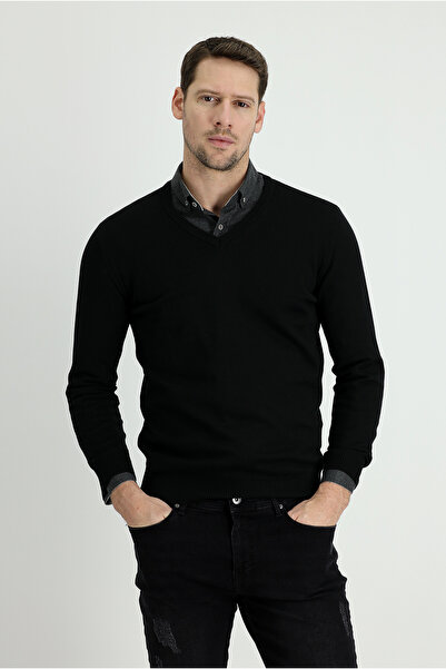 Kiğılı Pulover din bumbac, cu decolteu în V, slim fit