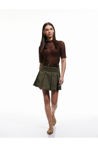 Koton Cotton Gabardine Fabric Belt Detailed Mini Pleated Skirt