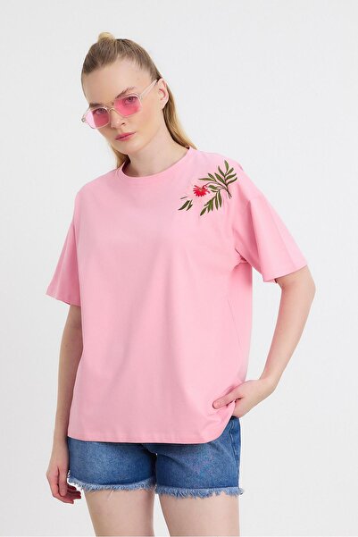 Rays 2150-21 Tricou cu broderie cu flori roz