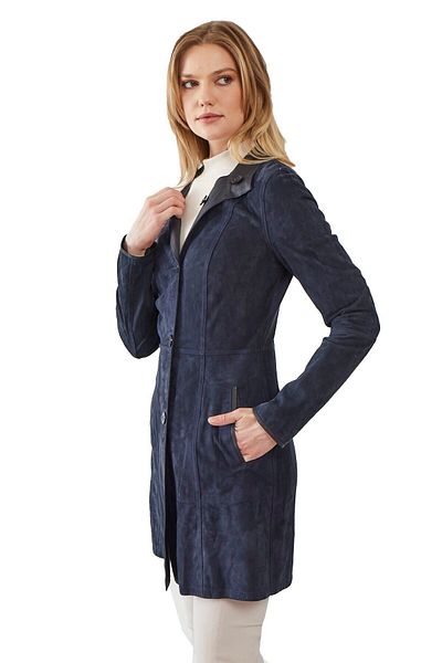Deriderim Carrol Navy Blue Women's Double Sided Genuine Suede Coat