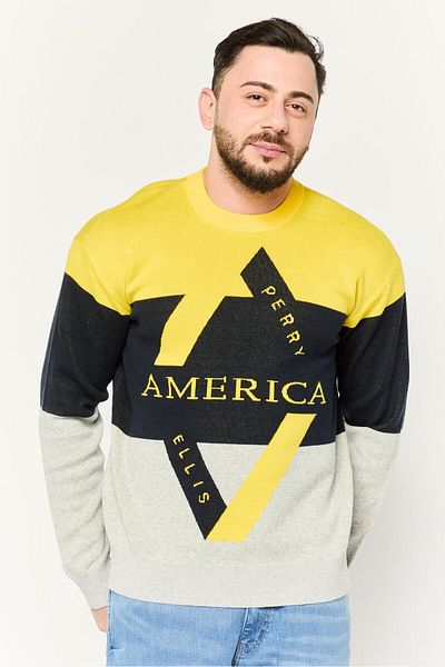 Perry Ellis Men Crew Neck Long Sleeve Brand Logo Sweater, Yellow