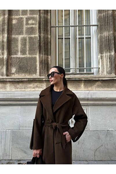 My Blog Hnědý vlněný kabát Olaf Sleeve Belt Belt- 509030