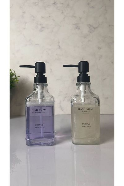 Okyanus Home Double Square Glass Liquid Soap Dispenser with Black Pump 500ml