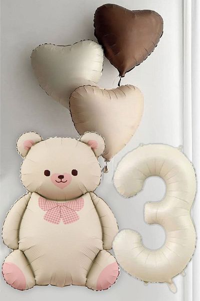 Atölye Mi 3 Year Old Birthday Cream Bow Tie Bear and 3 Retro Heart Balloons Balloon Set