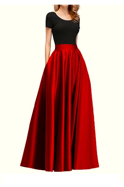 HSNLİFE Fusta rochie de seara evazata cu buzunar din satin rosu